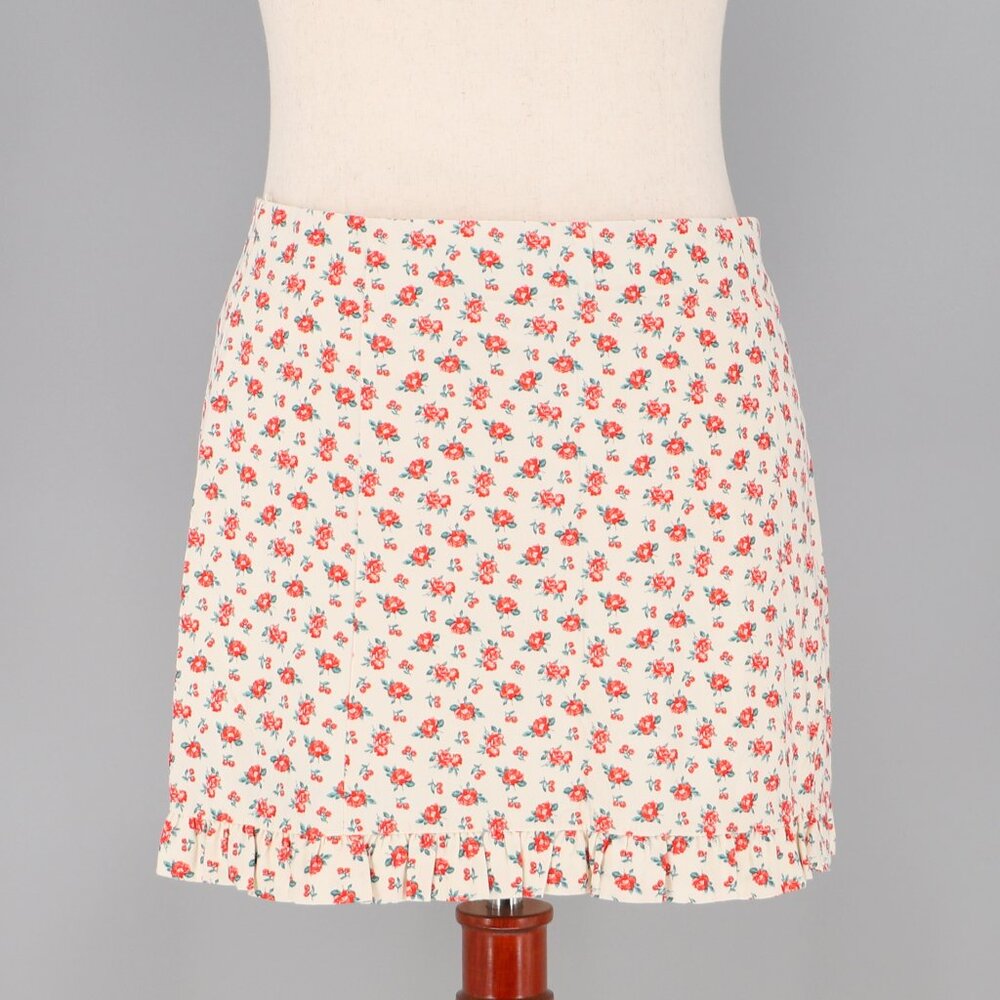 NWT ZARA Ditsy Red Floral Ruffle Hem Mini Skirt Linin Blend Size XL
